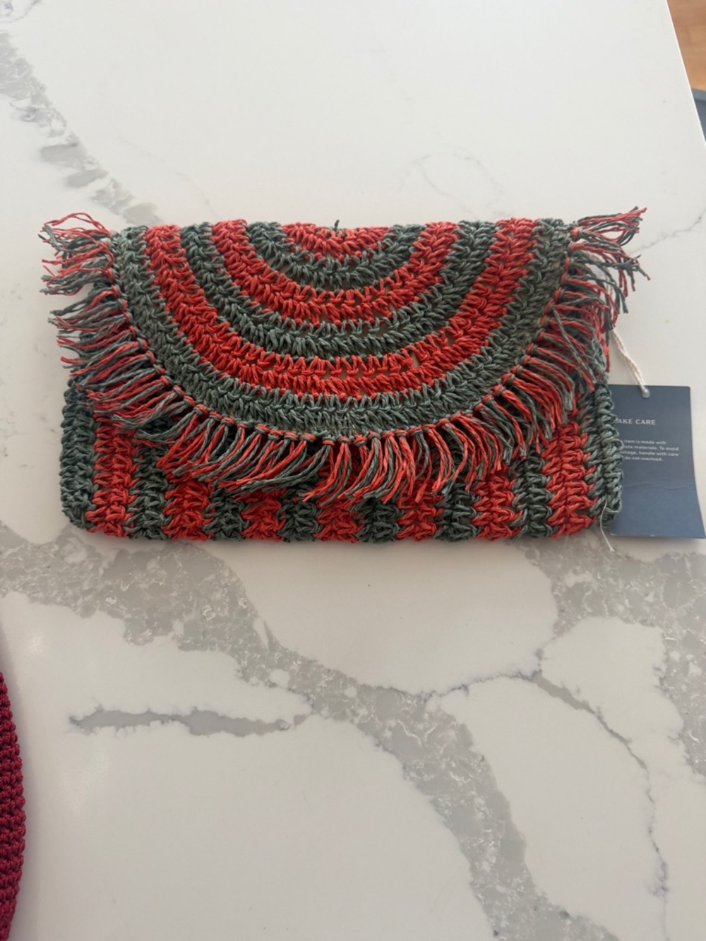 Handwoven Fringe Crochet Clutch -Burnt Orange & Green